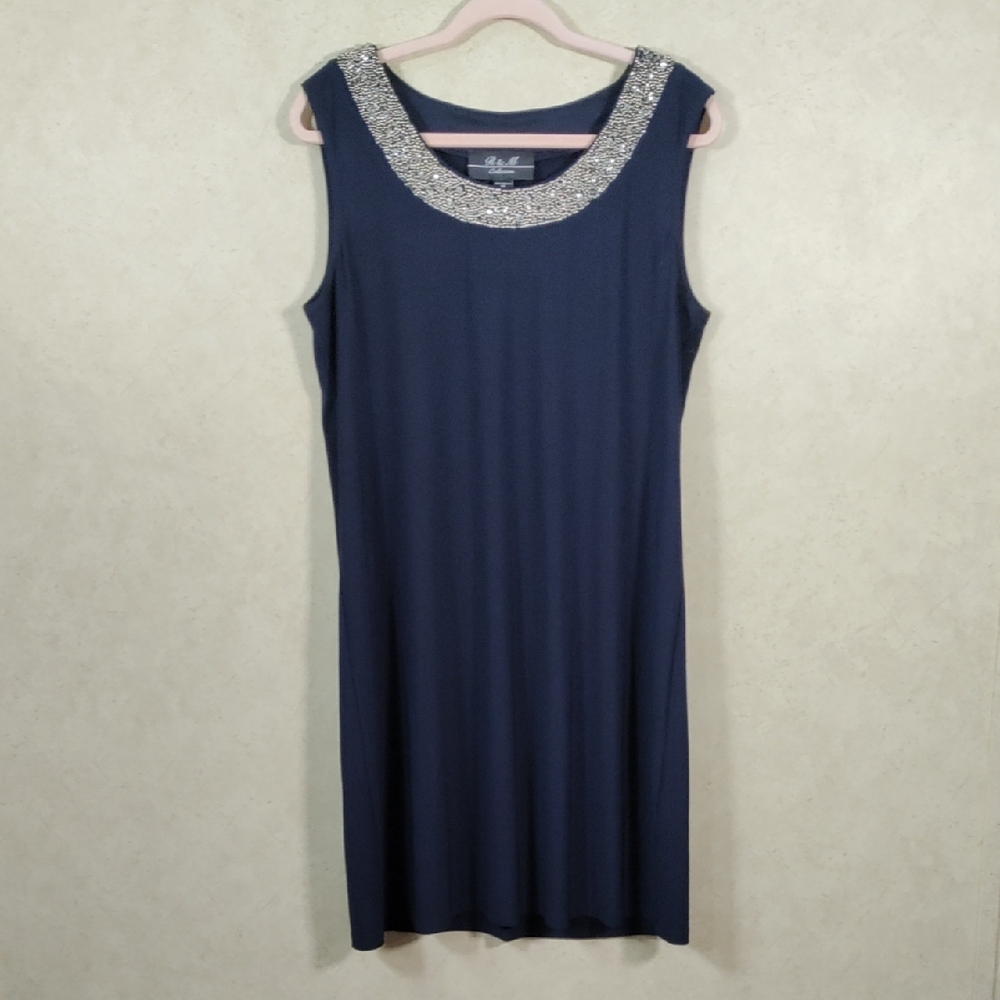 H151 R & M Collection navy knit dress w/bead & rhinestone neckline 14
